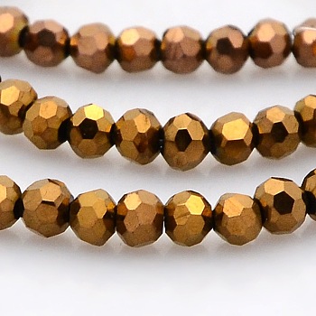 Full Plated Glass Faceted Round Spacer Beads Strands, Copper Plated, 3mm, Hole: 1mm, about 100pcs/strand, 11.5 inch