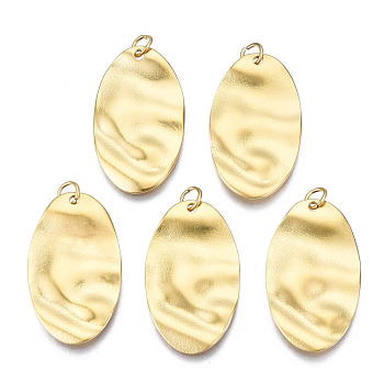 316 Surgical Stainless Steel Pendants, with Jump Rings, Oval, Real 14K Gold Plated, 24x14x1.5mm, Hole: 2.5mm, Jump Ring: 4x1mm, 2.5mm inner diameter