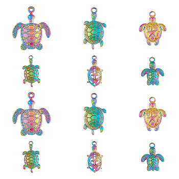 24Pcs 6 Style Alloy & Stainless Steel Pendants, Tortoise Charms, Rainbow Color, 18.5~34x12~29x3~4mm, Hole: 1.6~3mm, 4pcs/style