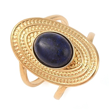 Oval Natural Lapis Lazuli Finger Rings, Ion Plating(IP) 304 Stainless Steel Cuff Rings for Women, Soldered, Real 14K Gold Plated, 24mm, Gemstone: 11.5x9.5mm, Adjustable