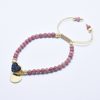 Natural Rhodochrosite Braided Bead Bracelets, with Electroplated Natural Lava Rock Beads, Druzy Crystal, Nylon Cord and Brass Findings, Flat Round & Heart, 2-1/8 inch(5.3cm)~3-1/8 inch(8cm)