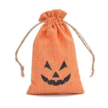 Halloween Burlap Packing Pouches, Drawstring Bags, Rectangle with Jack O Lantern Pattern, Coral, 15x10cm