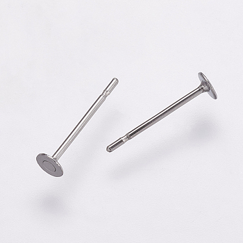 304 Stainless Steel Stud Earring Settings, Flat Pad Earring Post, Flat Round, Stainless Steel Color, Tray: 3mm, 12x3mm, Pin: 0.7mm