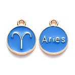 Alloy Enamel Pendants, Cadmium Free & Lead Free, Flat Round with Constellation, Light Gold, Dodger Blue, Aries, 15x12x2mm, Hole: 1.5mm(ENAM-S124-01B-02A)
