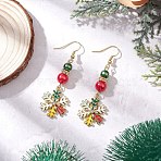 Christmas Snowflake Alloy Enamel Dangle Earrings, with Glass Imitation Pearl, Golden, Colorful, 62.5x19.5mm(EJEW-TA00697)