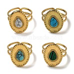 Ion Plating(IP) Oval with Teardrop 304 Stainless Steel Open Cuff Rings, Synthetic Malachite & Turquoise Finger Rings for Women Men, Real 18K Gold Plated, US Size 6(16.5mm)(STAS-Z060-14G)