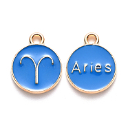 Alloy Enamel Pendants, Cadmium Free & Lead Free, Flat Round with Constellation, Light Gold, Dodger Blue, Aries, 15x12x2mm, Hole: 1.5mm(ENAM-S124-01B-02A)