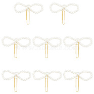 Iron Paper Clips, Plastic Imitation Pearl Bowknot Paper Clip, White, 49x90x15mm, 8pcs/set(AJEW-AB00020)
