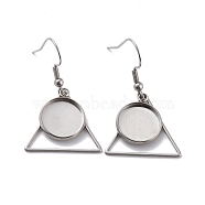 201 Stainless Steel Earring Hooks, with Triangle Blank Pendant Trays, Flat Round Setting for Cabochon, Stainless Steel Color, 35mm, 22 Gauge, Pin: 0.6mm(STAS-Z036-11P)