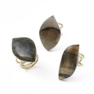 Leaf Natural Labradorite Cuff Rings, Rack Plating Brass Wide Ring for Women, Cadmium Free & Lead Free, Golden, 8~11.5mm, Inner Diameter: 18mm(RJEW-D077-06G)