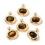 Natural Tiger Eye Pendants, Brass Oval Charms, Real 18K Gold Plated, 21x19x6mm, Hole: 4.5x3mm(KK-M270-43G)