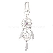 Alloy Woven Web/Net with Feather Pendant Decorations, Natural Amethyst Bead & Swivel Clasps Charm for Bag Ornaments, Antique Silver, 119x26.5mm(HJEW-TA00191)
