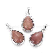 Synthetic Goldstone Pendants, with Brass Findings, teardrop, Platinum, 26x16~17x8~10mm, Hole: 8x5mm(G-L512-C15)