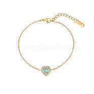 Cubic Zirconia Heart Link Bracelet with Golden Stainless Steel Chains, Light Sky Blue, 6-1/4 inch(16cm)(OQ9710-1)