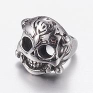 304 Stainless Steel Beads, Skull, Antique Silver, 13x12x12mm, Hole: 8mm(STAS-P173-102AS)