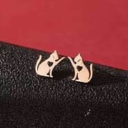 Stainless Steel Small Animal Stud Earrings for Women, Cat Shape, Left and Right, Rose Gold, 60x40mm(PW-WG5B49B-35)