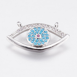 Brass Micro Pave Cubic Zirconia Pendant, Eye, Deep Sky Blue, Platinum, 11x21x2mm, Hole: 1mm(ZIRC-G140-03A-P)