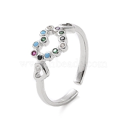 Colorful Cubic Zirconia Double Heart Open Cuff Ring, Rack Plating Brass for Valentine's Day, Cadmium Free & Lead Free, Platinum, US Size 7 1/4(17.5mm)(RJEW-C061-02P)
