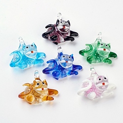 Handmade Lampwork Kitten Pendants, Inner Flower, Cartoon Cat Shape, Mixed Color, 38~42x46~52x17mm, Hole: 4mm, 12pcs/box(LAMP-R106-M8-B)