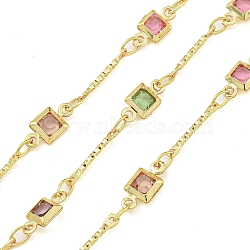 Brass Chain, with Micro Pave Cubic Zirconia and Glass Links, Square, Real 18K Gold Plated, 12.5x1mm(CHC-B022-02G)