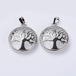 Natural Quartz Crystal Pendants, Rock Crystal Pendants, with Platinum Plated Brass Findings, Flat Round with Tree of Life, 31x27x8mm, Hole: 3.5x7mm(G-P350-D15)