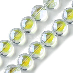 Transparent Electroplate Glass Beads Strands, Flat Round, Yellow, 12~12.5x8mm, Hole: 1mm, about 50pcs/strand, 23.62''(60cm)(EGLA-K061-05A-02)