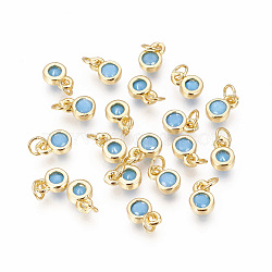 Brass with Single Cubic Zirconia Charms, Single Stone Charms, Flat Round, Golden, Deep Sky Blue, 6.5x4.5x2mm, Hole: 2.5~3mm(ZIRC-F095-03G-01)