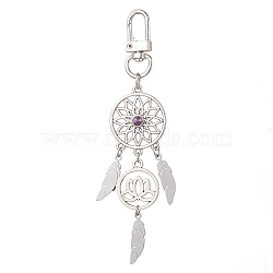Alloy Woven Web/Net with Feather Pendant Decorations, Natural Amethyst Bead & Swivel Clasps Charm for Bag Ornaments, Antique Silver, 119x26.5mm(HJEW-TA00191)
