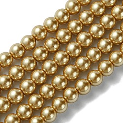 Eco-Friendly Dyed Glass Pearl Beads Strands, Grade A, Round, Cotton Cord Threaded, Gold, 6mm, Hole: 1.2~1.5mm, about 70pcs/strand, 15.7 inch(HY-A008-6mm-RB093)