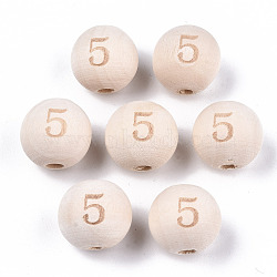 Unfinished Natural Wood European Beads, Large Hole Beads, Laser Engraved Pattern, Round with Number, Num.5, 15~16x14~15mm, Hole: 4mm(WOOD-S045-141A-5)