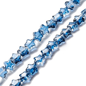 Transparent Glass Beads Strand, Star, Prussian Blue, 8~8.5x8~8.5x3.5~4mm, Hole: 1mm, about 50pcs/strand, 14.25~15.35 inch(36.2~39cm)