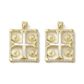 Brass Pave Shell Pendants, Religion Cross Charms with ABS Imitation Pearl, Real 18K Gold Plated, Rectangle, 27x21x3mm, Hole: 3.5x4mm