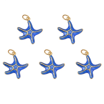 5Pcs Brass Enamel Pendants, with Jump Ring, Long-Lasting Plated, Real 18K Gold Plated, Starfish, Medium Blue, 19.3x17.6x3.5mm, Hole: 3.8mm