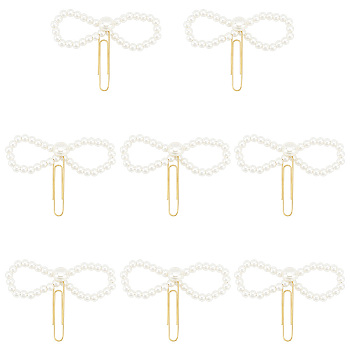 Iron Paper Clips, Plastic Imitation Pearl Bowknot Paper Clip, White, 49x90x15mm, 8pcs/set