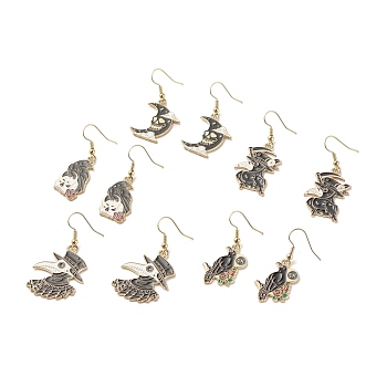 Alloy Enamel Dangle Earrings, Gothic Brass Drop Earrings for Women, Mix-shaped, Golden, Black, 42~48mm, Pin: 0.6mm