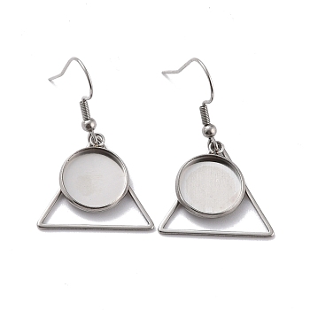 201 Stainless Steel Earring Hooks, with Triangle Blank Pendant Trays, Flat Round Setting for Cabochon, Stainless Steel Color, 35mm, 22 Gauge, Pin: 0.6mm