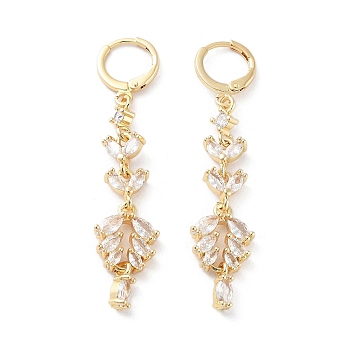 Rack Plating Golden Brass Dangle Leverback Earrings, with Cubic Zirconia, Leaf, 55x12mm