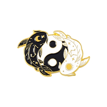 Yin-yang Taichi Black White Animal Lover Enamel Pins, Golden Alloy Brooches for Valentine's Day, Fish, 33x17mm
