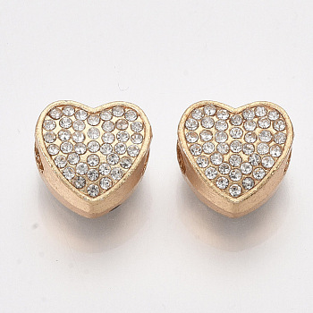 Golden Plated  Alloy European Beads, with Rhinestones, Large Hole Beads, Heart, Crystal, 11.5x11.5x6.5mm, Hole: 4.5mm