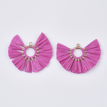 Natural Raffia Tassel Pendants, with Alloy Ring Findings, Fan-shaped, Light Gold, Magenta, 50~53x54~56x3mm, Hole: 2mm