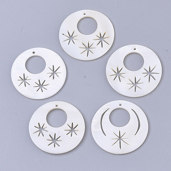 Natural Freshwater Shell Pendants, Flat Round with Star, Creamy White, 30.5x2mm, Hole: 1.2mm