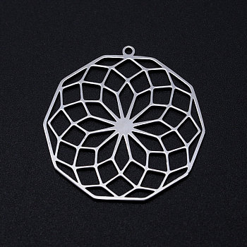 201 Stainless Steel Filigree Charms, polygon with Flower, Stainless Steel Color, 35.5x34.5x1mm, Hole: 1.6mm