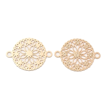 Long-Lasting Plated Brass Connector Charms, Hollow Flat Round Links with Flower, Light Gold, 12x15x0.3mm, Hole: 1.4mm
