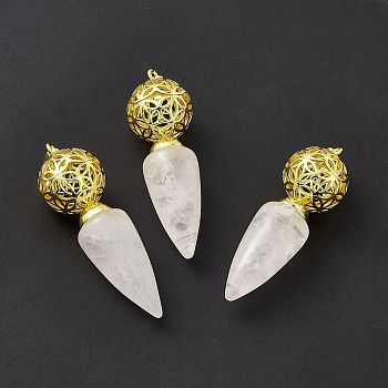 Natural Quartz Crystal Big Pendants, Rock Crystal, Cone Charms with Rack Plating Brass Hollow Ball, Golden, Cadmium Free & Lead Free, 57~58x17.5~18mm, Hole: 8x5mm