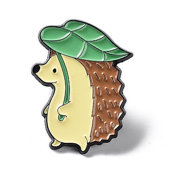 Alloy Enamel Brooch, Animal with Plant Pins, Hedgehog with Leaf, 31x23x1.5mm