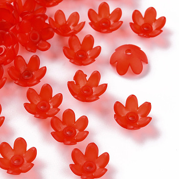 Frosted Acrylic Bead Caps, 6-Petal, Flower, Red, 14x6mm, Hole: 2mm, about 1660pcs/500g