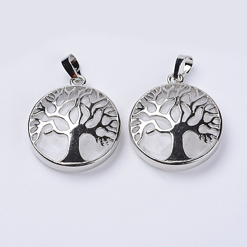Natural Quartz Crystal Pendants, Rock Crystal Pendants, with Platinum Plated Brass Findings, Flat Round with Tree of Life, 31x27x8mm, Hole: 3.5x7mm