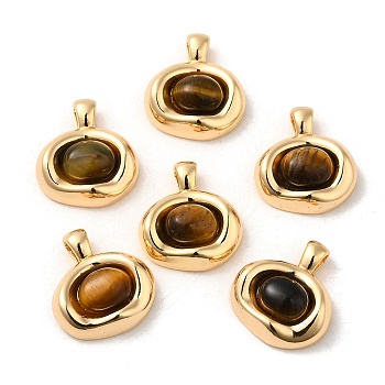 Natural Tiger Eye Pendants, Brass Oval Charms, Real 18K Gold Plated, 21x19x6mm, Hole: 4.5x3mm