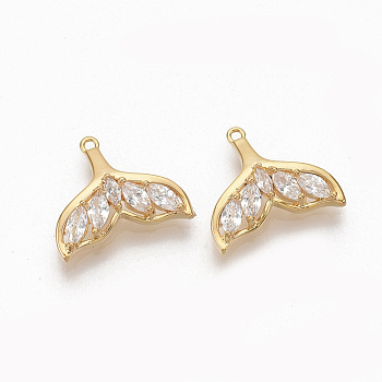 Brass Clear Cubic Zirconia Charms, Nickel Free, Whale Tail Shape, Real 18K Gold Plated, 12.5x14x3.5mm, Hole: 0.9mm