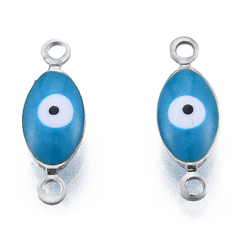 304 Stainless Steel Enamel Connector Charms, Stainless Steel Color, Horse Eye, Steel Blue, 14.5x5x3mm, Hole: 1.2mm